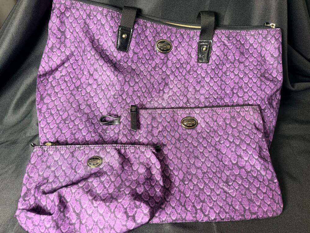COACH Getaway Packable Weekender 3-Pc Travel Set - Purple Snake Print NWOT
